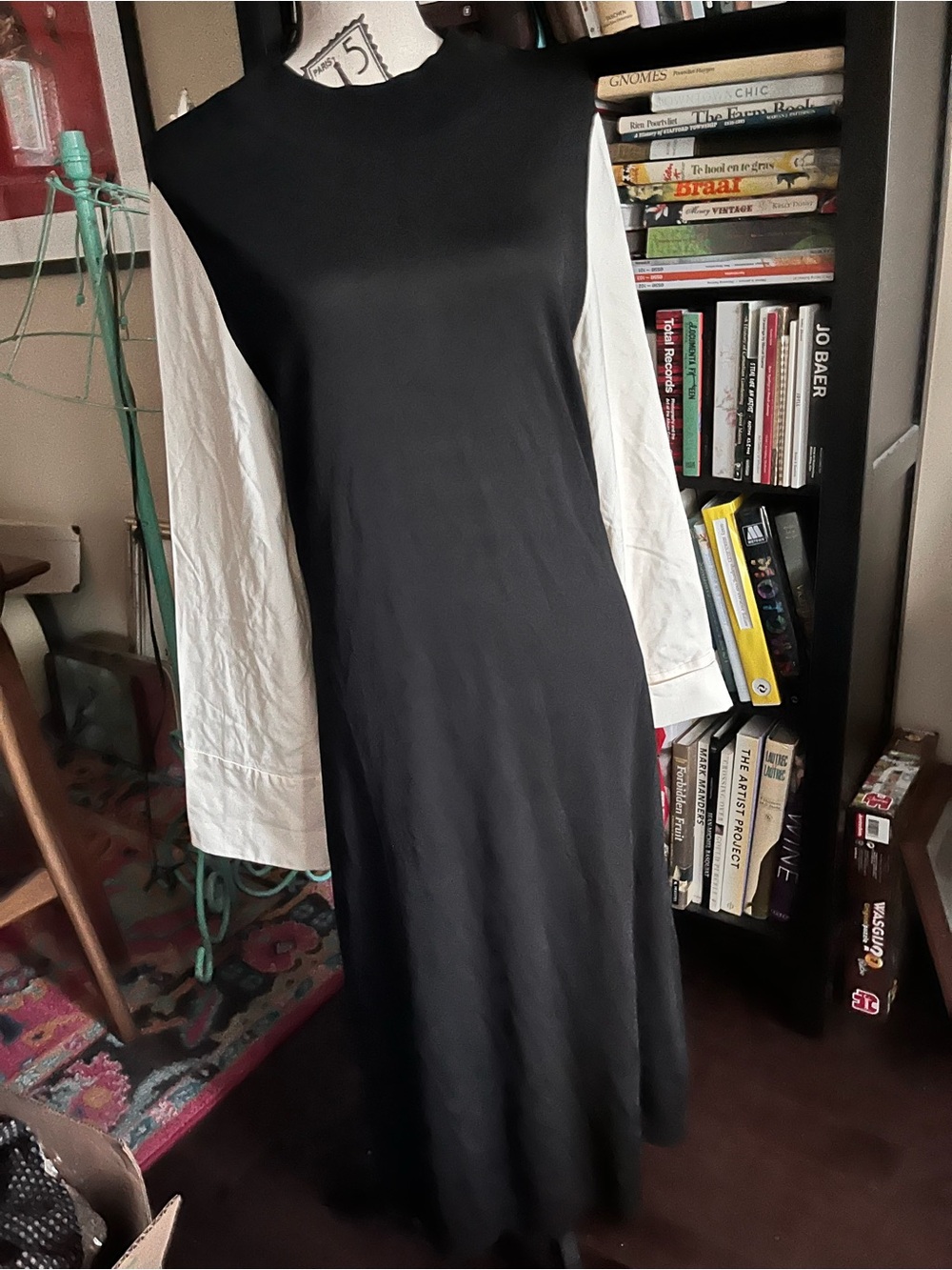 COS Black Knit Dress White Fluttery Long Sleeves